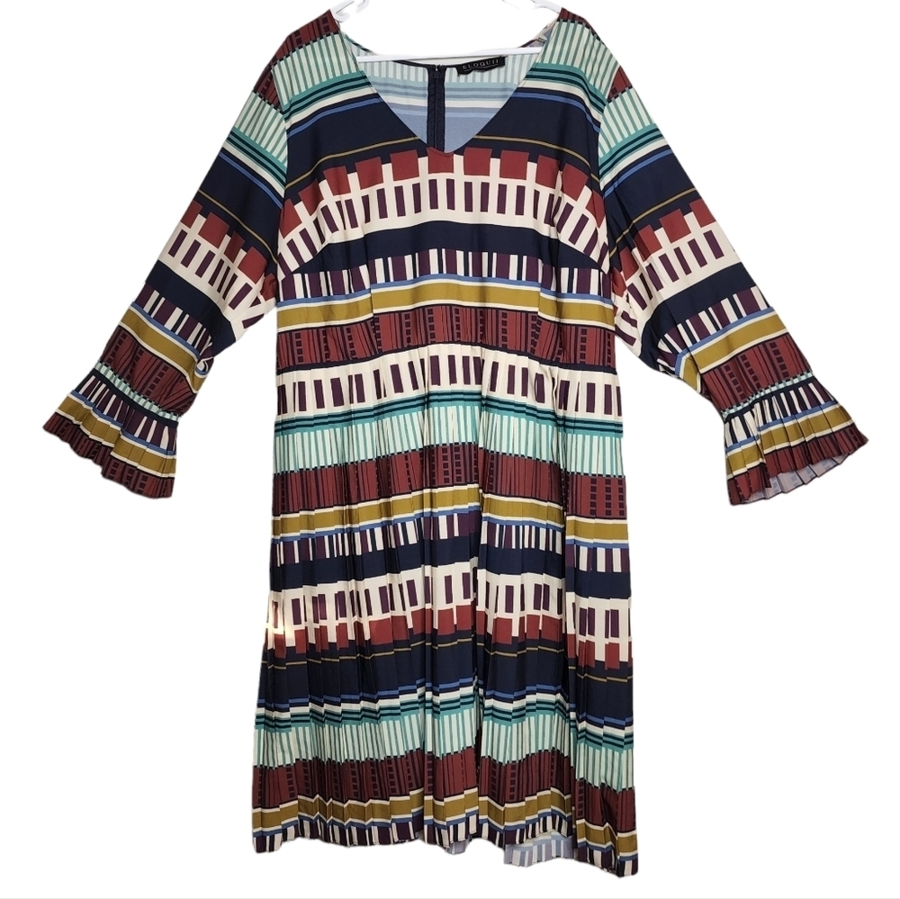 Eloquii Multicolored Pleated‎ Dress Long Sleeve Flare Pleat Cuff Est Size 2X